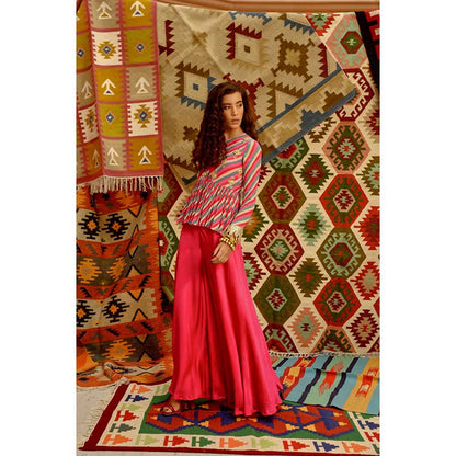 PALLAVI JAIPUR Hot Pink Indi-Leheriya Metal Bead Work Co-Ord (Set of 2)