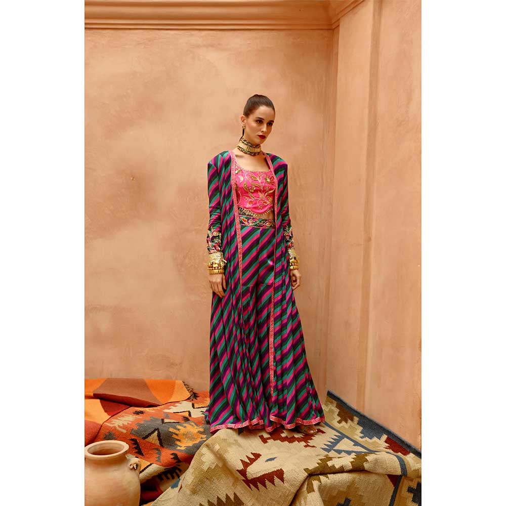 PALLAVI JAIPUR Multi-Color Indi-Leheriya Kallidar Jacket with Sharara and Crop Top (Set of 3)