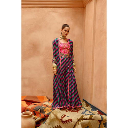 PALLAVI JAIPUR Multi-Color Indi-Leheriya Kallidar Jacket with Sharara and Crop Top (Set of 3)