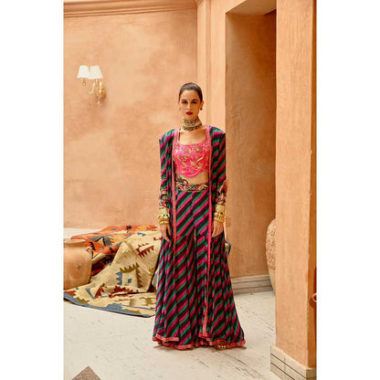 PALLAVI JAIPUR Multi-Color Indi-Leheriya Kallidar Jacket with Sharara and Crop Top (Set of 3)