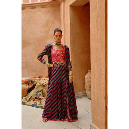 PALLAVI JAIPUR Multi-Color Indi-Leheriya Kallidar Jacket with Sharara and Crop Top (Set of 3)