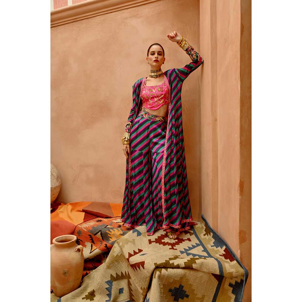 PALLAVI JAIPUR Multi-Color Indi-Leheriya Kallidar Jacket with Sharara and Crop Top (Set of 3)