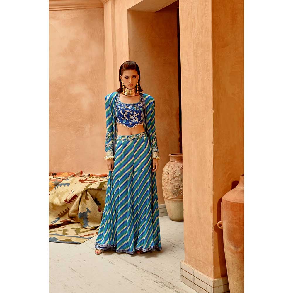 PALLAVI JAIPUR Blue Indi-Leheriya Kallidar Jacket with Sharara and Scallop Crop Top (Set of 3)