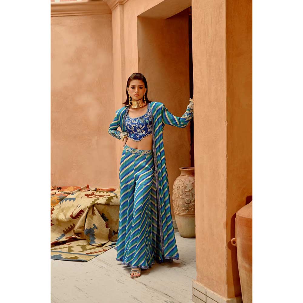 PALLAVI JAIPUR Blue Indi-Leheriya Kallidar Jacket with Sharara and Scallop Crop Top (Set of 3)