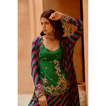 PALLAVI JAIPUR Multi Color Indie-Leheriya Kali Jacket and Sharara with Kurti (Set of 3)