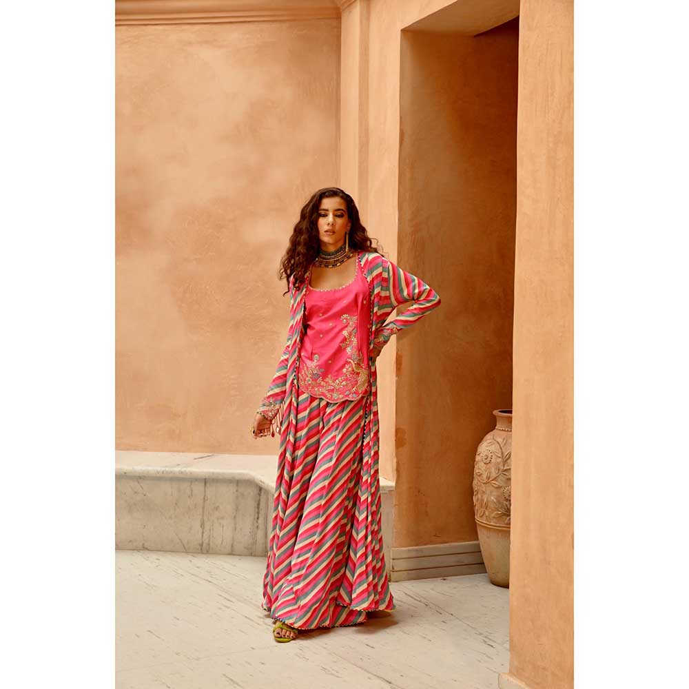 PALLAVI JAIPUR Hot Pink Indie-Leheriya Kali Jacket and Sharara with Heritage Kurti (Set of 3)