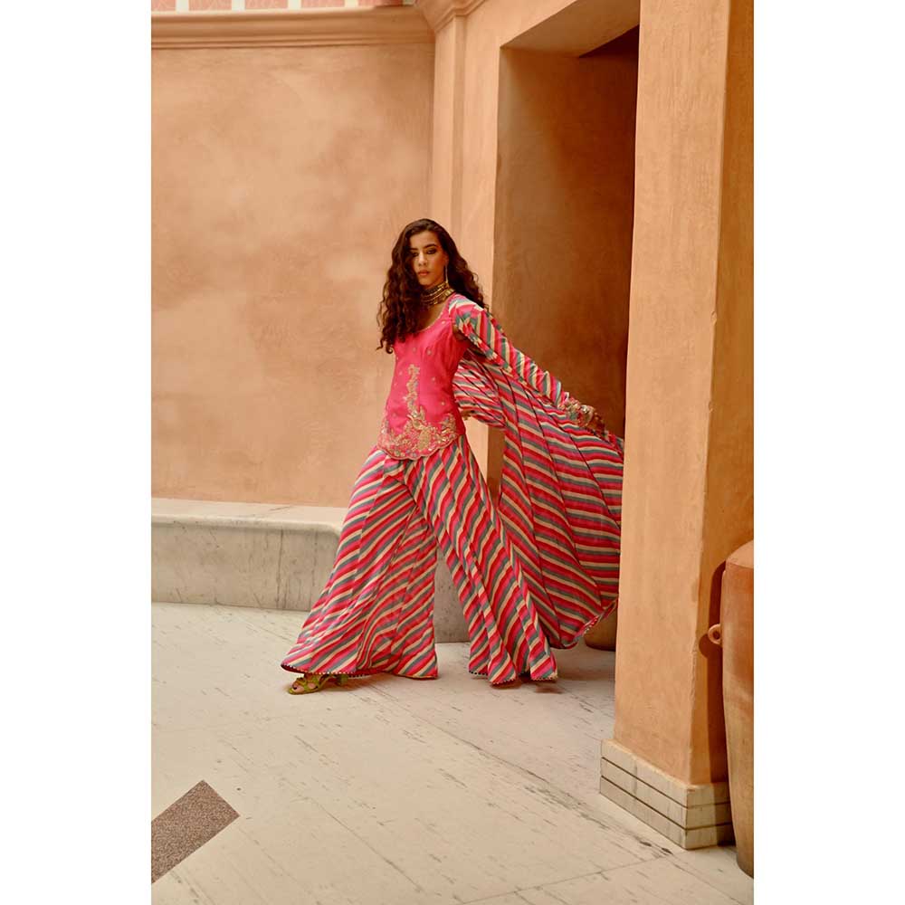 PALLAVI JAIPUR Hot Pink Indie-Leheriya Kali Jacket and Sharara with Heritage Kurti (Set of 3)