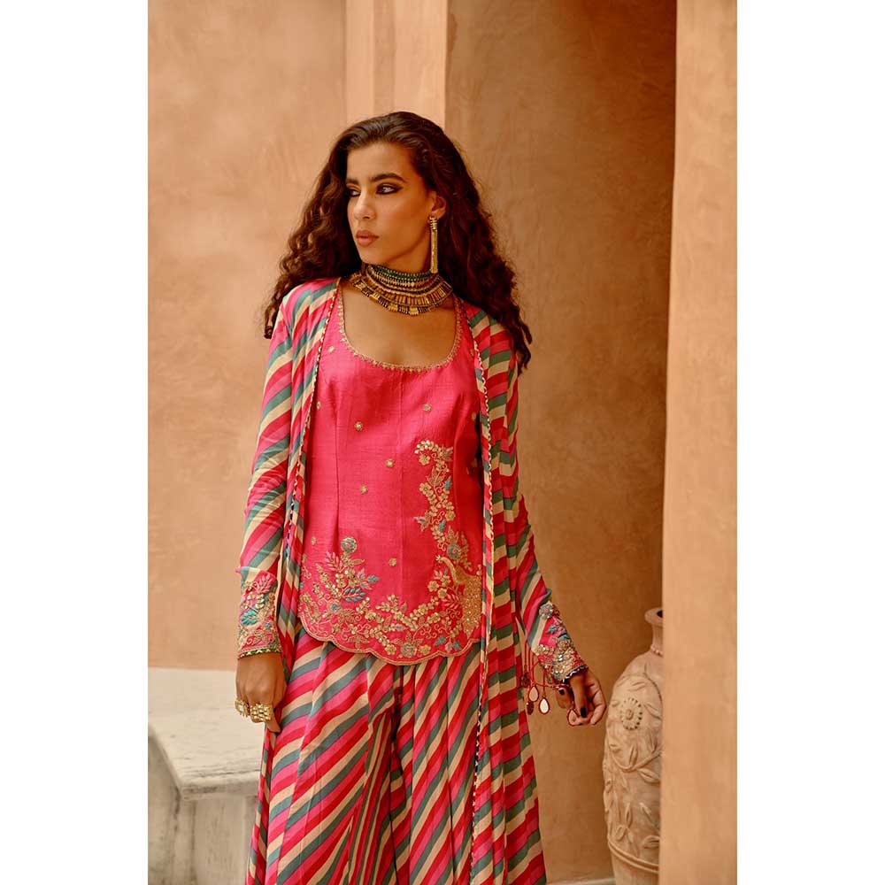PALLAVI JAIPUR Hot Pink Indie-Leheriya Kali Jacket and Sharara with Heritage Kurti (Set of 3)
