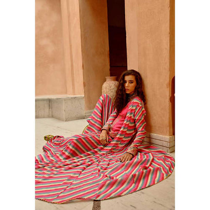 PALLAVI JAIPUR Hot Pink Indie-Leheriya Kali Jacket and Sharara with Heritage Kurti (Set of 3)