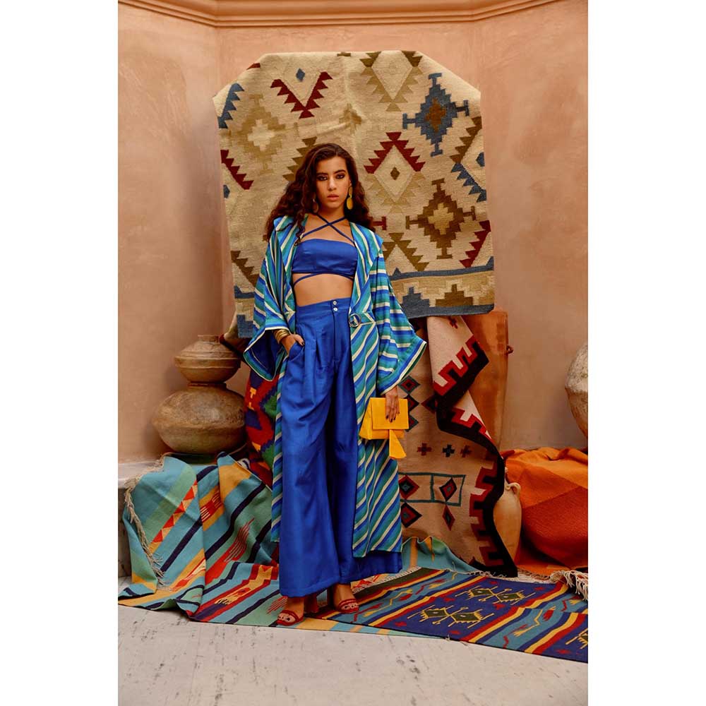 PALLAVI JAIPUR Cobalt Blue Indi-Leheriya Jacket with Bandue Top and Papa Pant (Set of 3)
