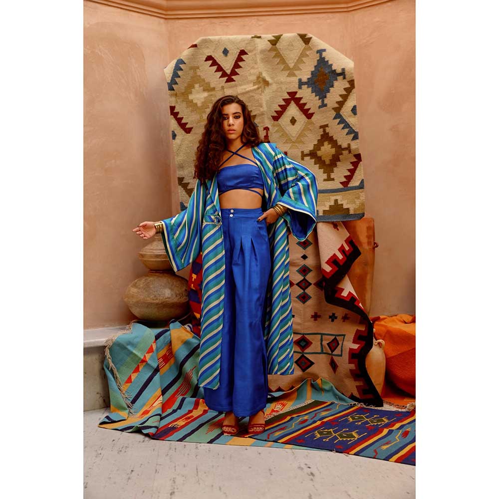 PALLAVI JAIPUR Cobalt Blue Indi-Leheriya Jacket with Bandue Top and Papa Pant (Set of 3)