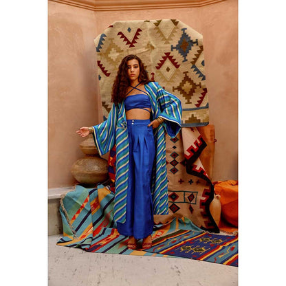 PALLAVI JAIPUR Cobalt Blue Indi-Leheriya Jacket with Bandue Top and Papa Pant (Set of 3)