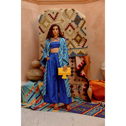 PALLAVI JAIPUR Cobalt Blue Indi-Leheriya Jacket with Bandue Top and Papa Pant (Set of 3)