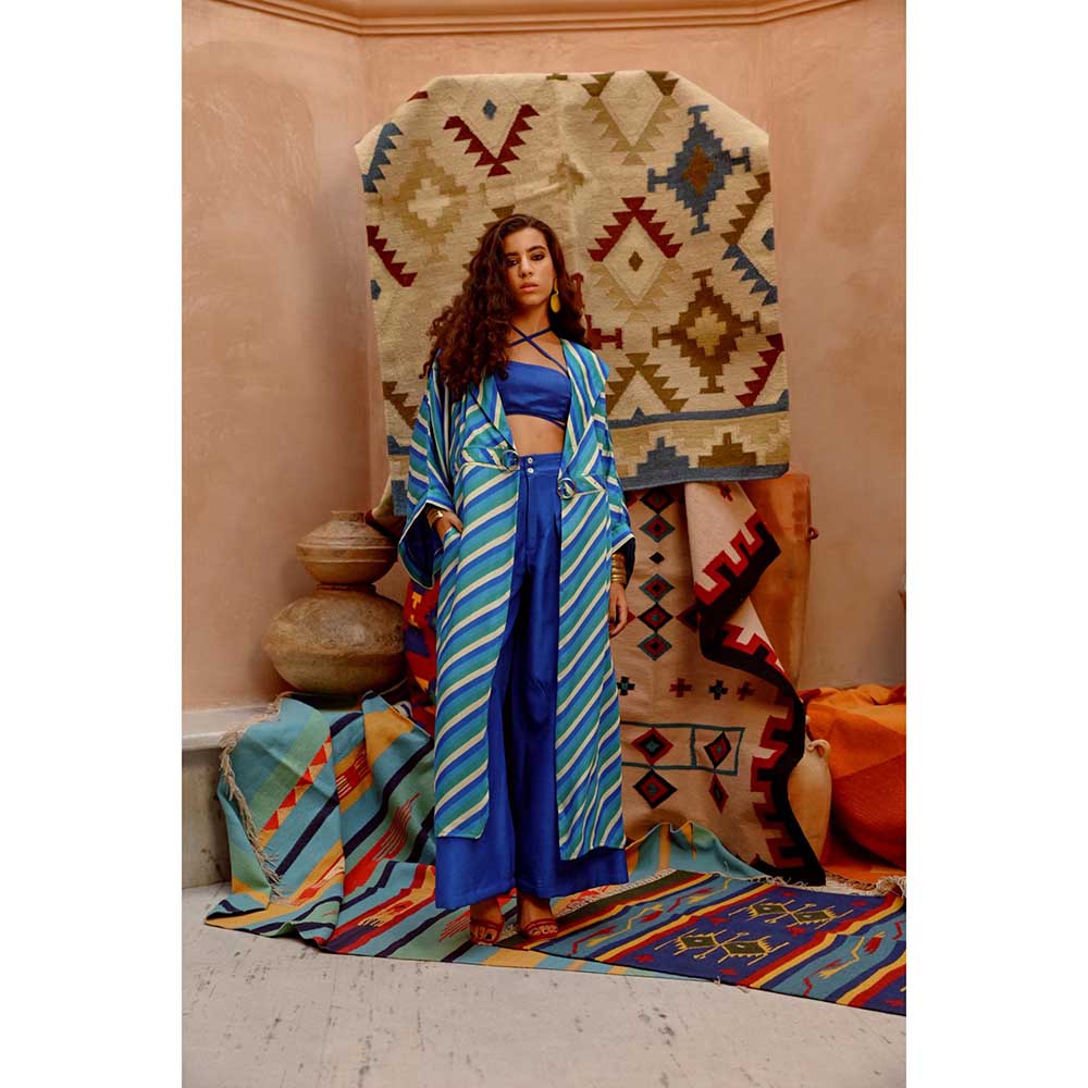 PALLAVI JAIPUR Cobalt Blue Indi-Leheriya Jacket with Bandue Top and Papa Pant (Set of 3)
