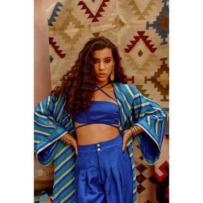 PALLAVI JAIPUR Cobalt Blue Indi-Leheriya Jacket with Bandue Top and Papa Pant (Set of 3)