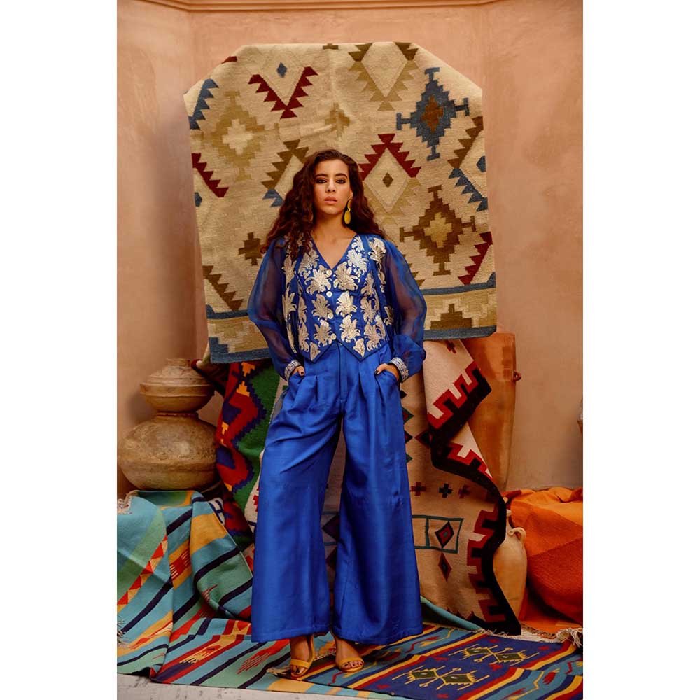 PALLAVI JAIPUR Azure Blue Sheer Jacket with Waist Coat and Papa Pant (Set of 3)