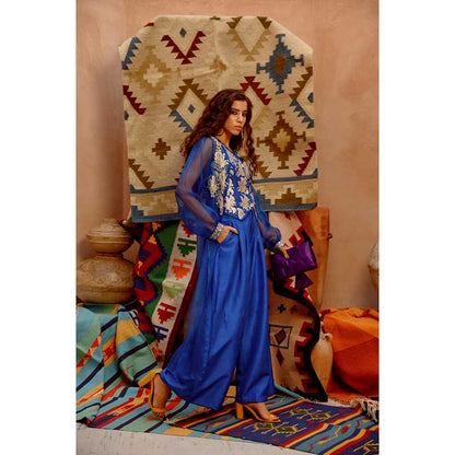 PALLAVI JAIPUR Azure Blue Sheer Jacket with Waist Coat and Papa Pant (Set of 3)