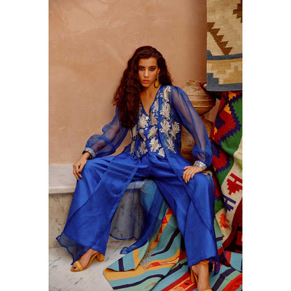 PALLAVI JAIPUR Azure Blue Sheer Jacket with Waist Coat and Papa Pant (Set of 3)
