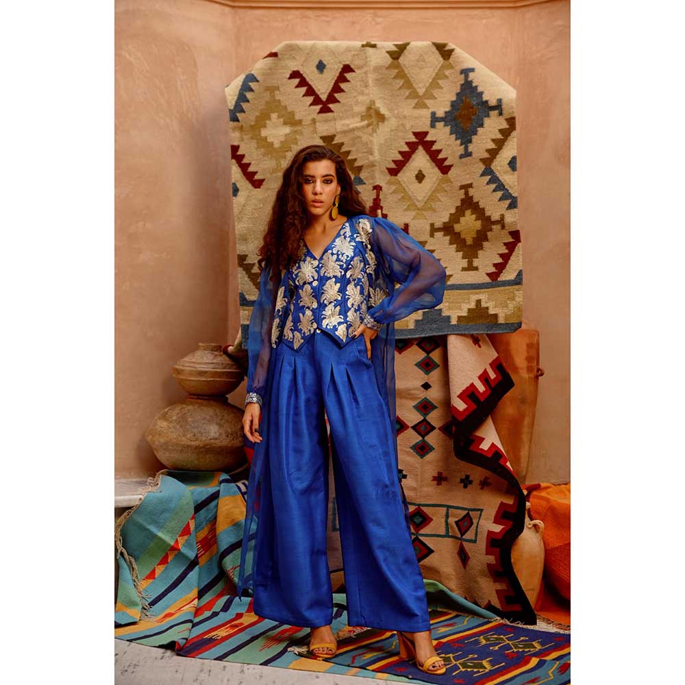 PALLAVI JAIPUR Azure Blue Waist Coat and Papa Pant (Set of 2)