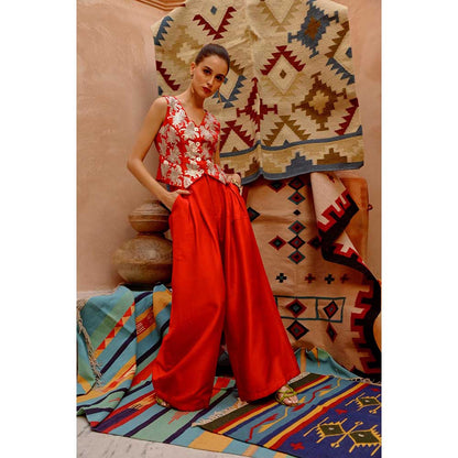 PALLAVI JAIPUR Chilly Red Waist Coat and Papa Pant (Set of 2)