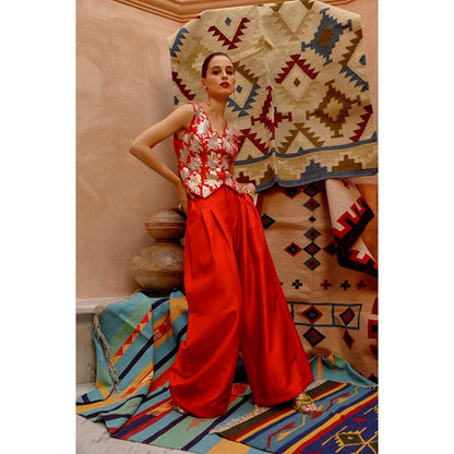 PALLAVI JAIPUR Chilly Red Waist Coat and Papa Pant (Set of 2)