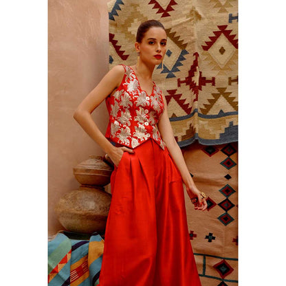 PALLAVI JAIPUR Chilly Red Waist Coat and Papa Pant (Set of 2)