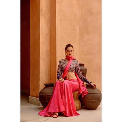 PALLAVI JAIPUR Hot Pink Drape Saree with Queen Stitched Blouse