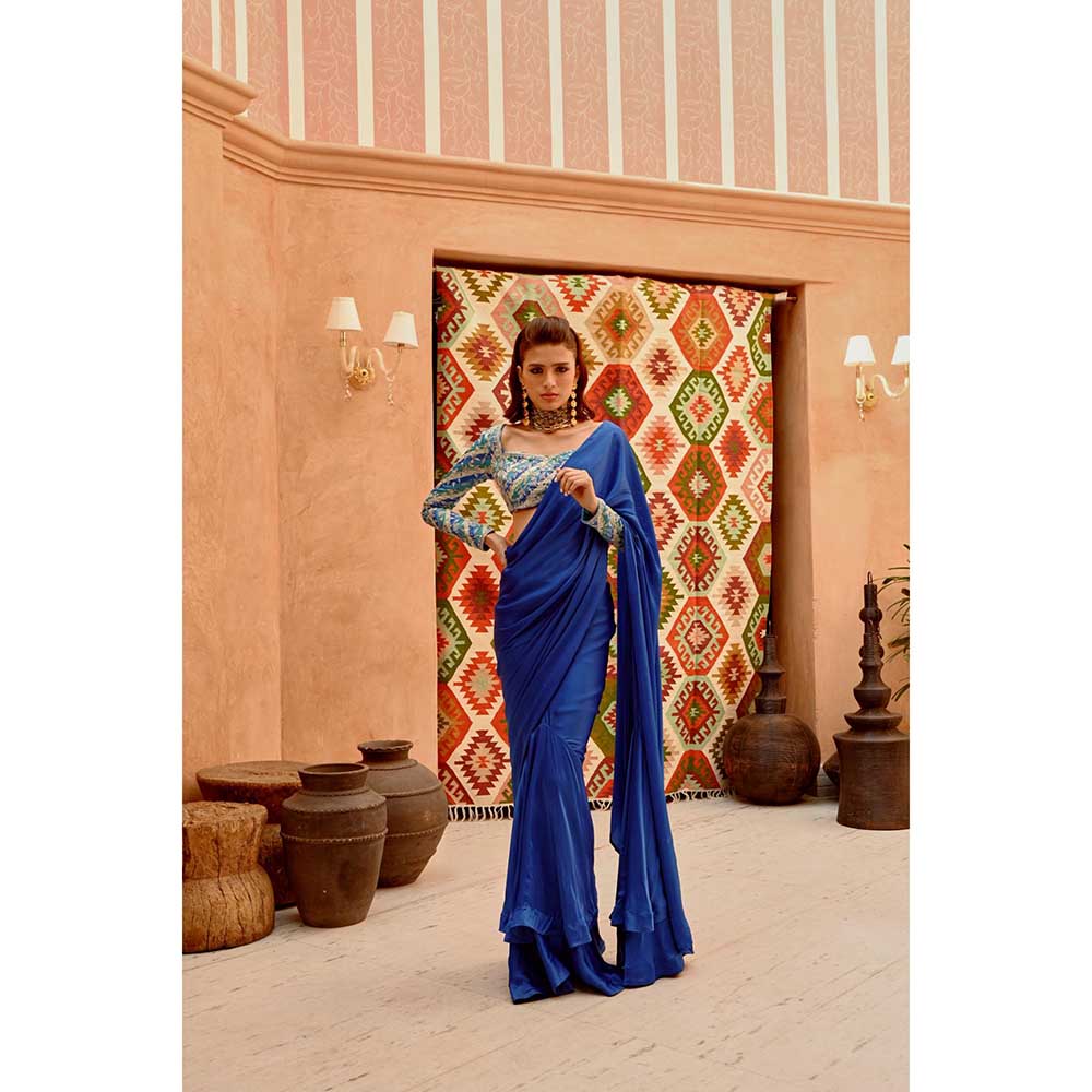 PALLAVI JAIPUR Cobalt Blue Drape Saree with Princess Stitched Blouse