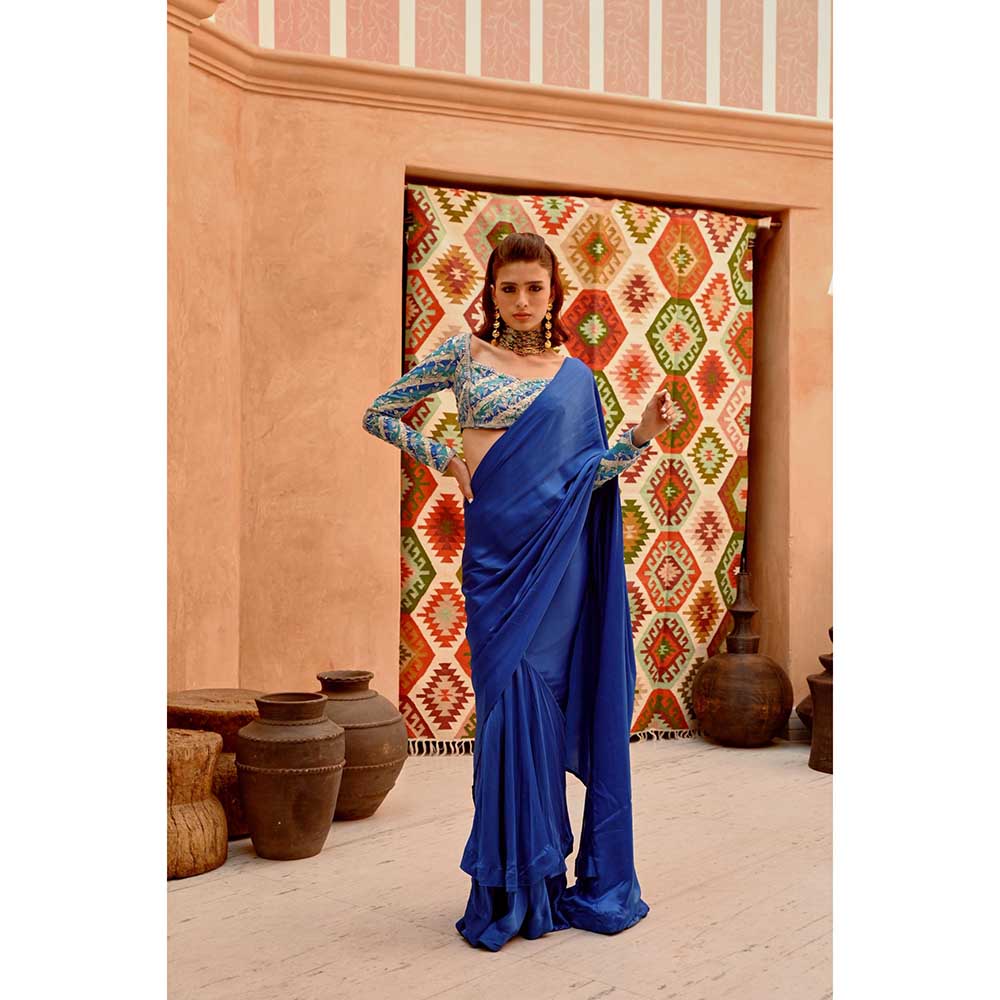 PALLAVI JAIPUR Cobalt Blue Drape Saree with Princess Stitched Blouse