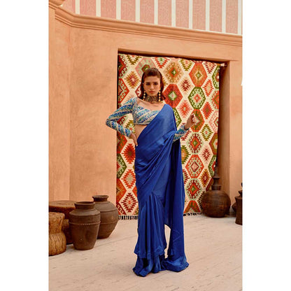 PALLAVI JAIPUR Cobalt Blue Drape Saree with Princess Stitched Blouse