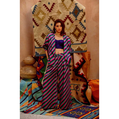 PALLAVI JAIPUR Multi-Colour Indi-Leheriya Oversized Jacket with Crop Top and Pant (Set of 3)