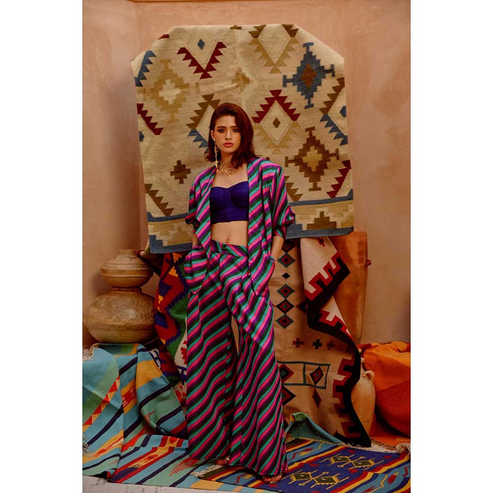 PALLAVI JAIPUR Multi-Colour Indi-Leheriya Oversized Jacket with Crop Top and Pant (Set of 3)