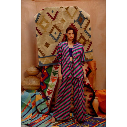 PALLAVI JAIPUR Multi-Colour Indi-Leheriya Oversized Jacket with Crop Top and Pant (Set of 3)