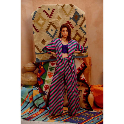 PALLAVI JAIPUR Multi-Colour Indi-Leheriya Oversized Jacket with Crop Top and Pant (Set of 3)