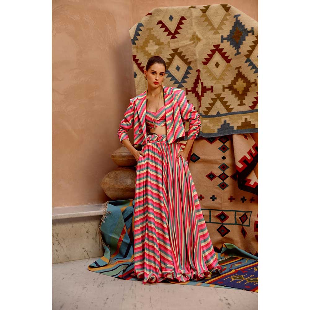 PALLAVI JAIPUR Hot Pink Indi-Leheriya Crop Blazer with Halter Top and Flared Skirt (Set of 3)