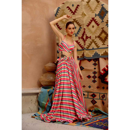 PALLAVI JAIPUR Hot Pink Indi-Leheriya Crop Blazer with Halter Top and Flared Skirt (Set of 3)