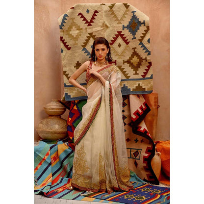 PALLAVI JAIPUR Fawn Queen Saree with Beetroot Sleeveless Tie-Up Stitched Blouse