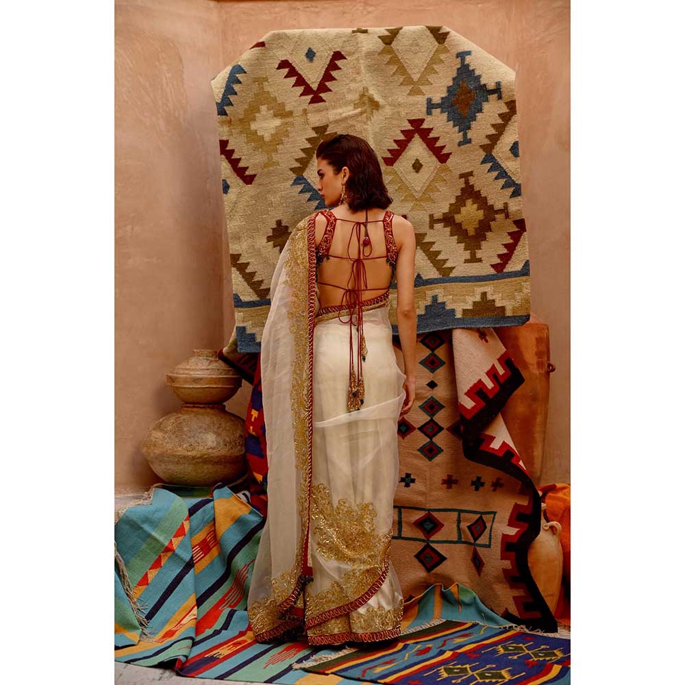 PALLAVI JAIPUR Fawn Queen Saree with Beetroot Sleeveless Tie-Up Stitched Blouse