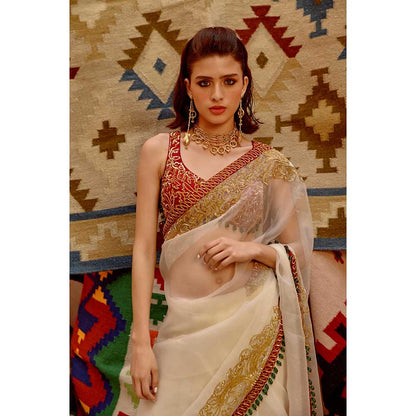 PALLAVI JAIPUR Fawn Queen Saree with Beetroot Sleeveless Tie-Up Stitched Blouse