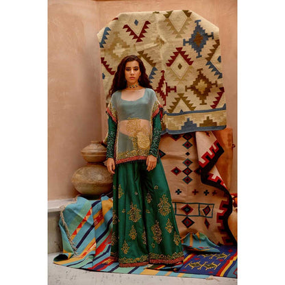 PALLAVI JAIPUR Fawn Sheer Sac Cape with Full Sleeve Blouse and Sharara (Set of 3)