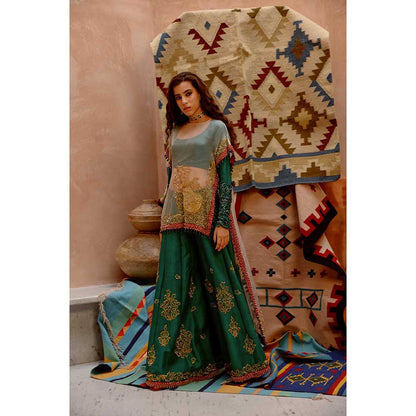 PALLAVI JAIPUR Fawn Sheer Sac Cape with Full Sleeve Blouse and Sharara (Set of 3)