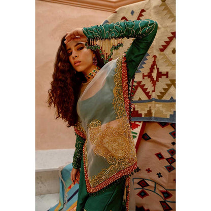 PALLAVI JAIPUR Fawn Sheer Sac Cape with Full Sleeve Blouse and Sharara (Set of 3)