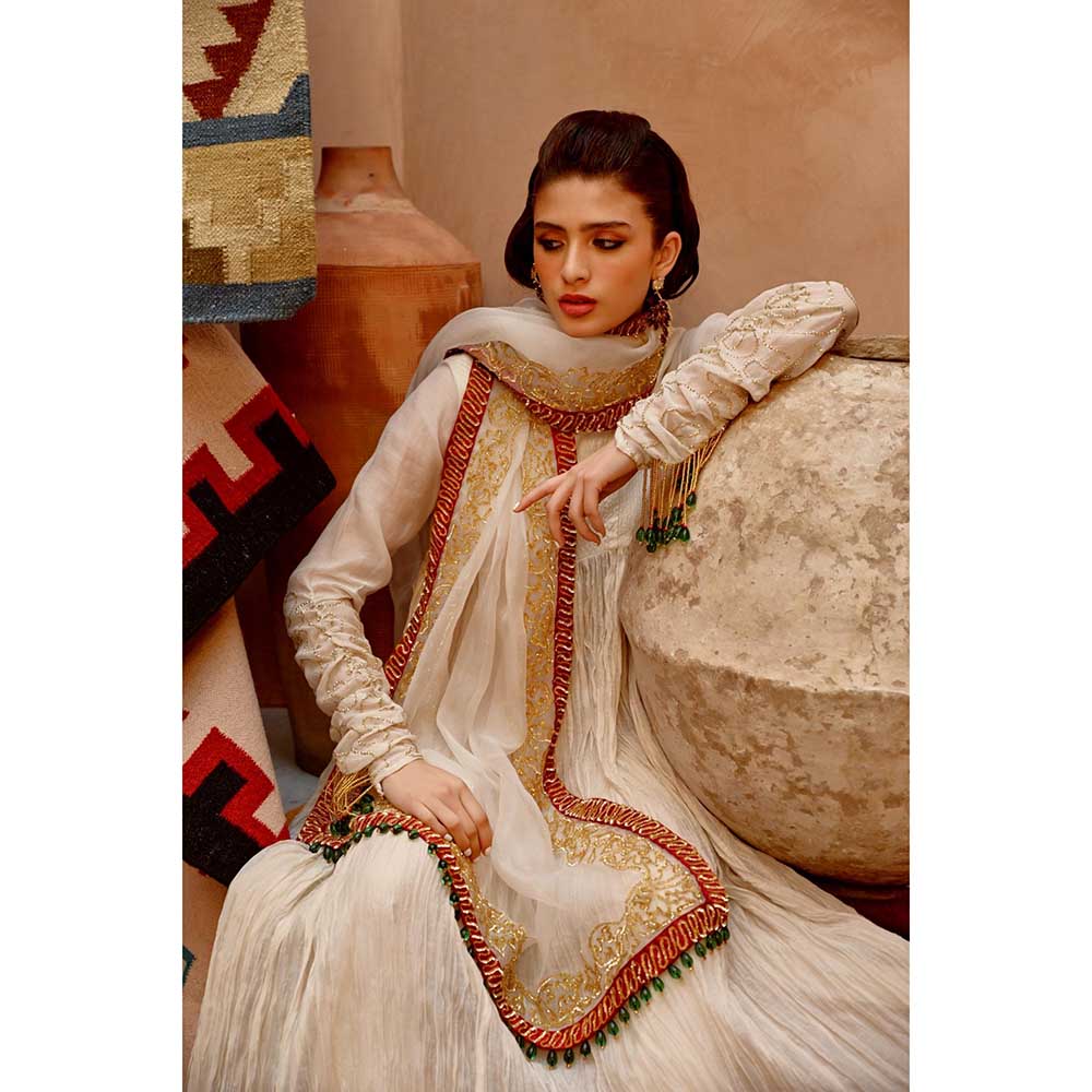 PALLAVI JAIPUR Fawn Crushed Anarkali (Set of 3)