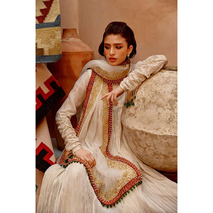 PALLAVI JAIPUR Fawn Crushed Anarkali (Set of 3)