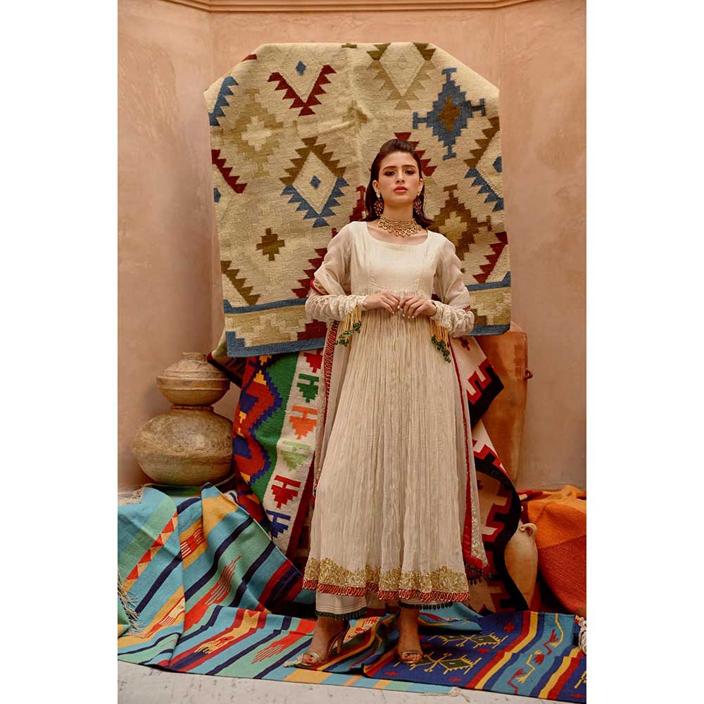 PALLAVI JAIPUR Fawn Crushed Anarkali (Set of 3)