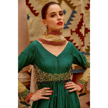 PALLAVI JAIPUR Emerald Green Anarkali Pant and Dupatta (Set of 3)