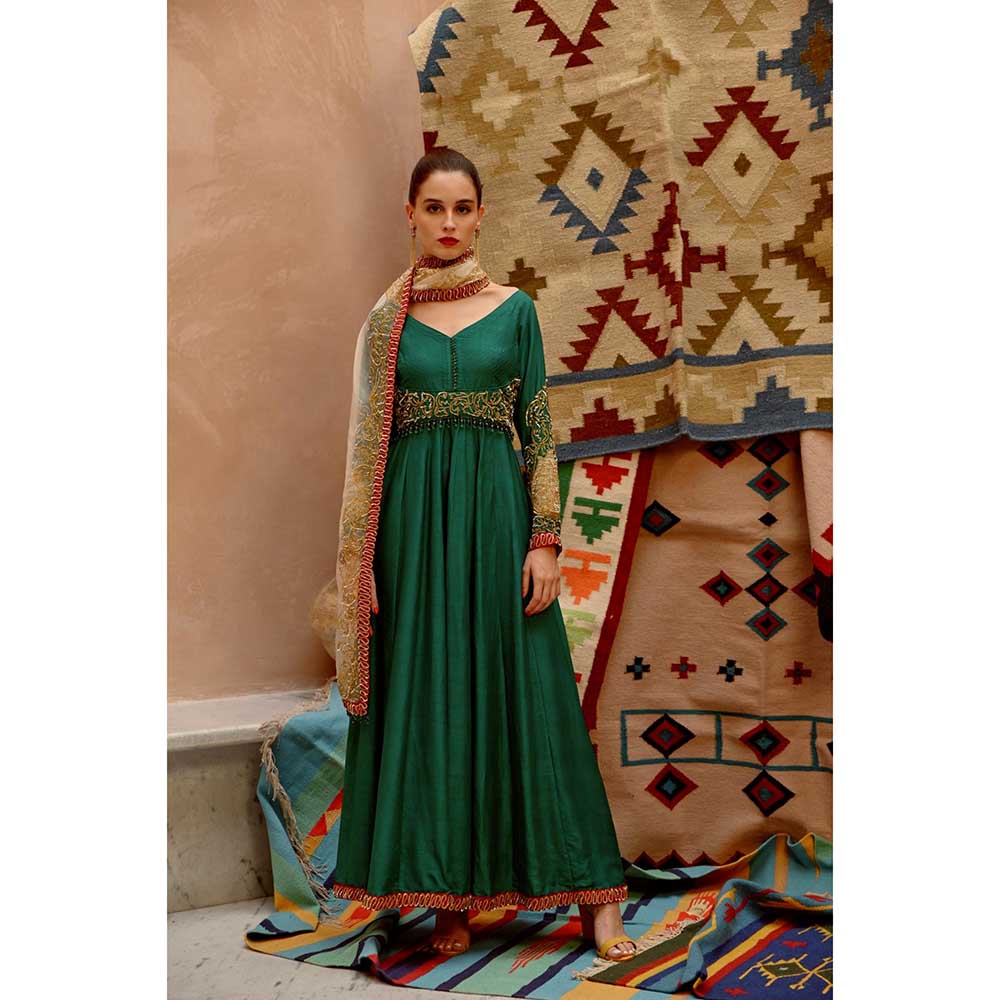 PALLAVI JAIPUR Emerald Green Anarkali Pant and Dupatta (Set of 3)