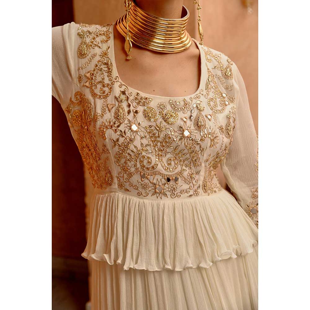 PALLAVI JAIPUR Ivory Tier Anarkali with Churidar Dupatta and Pant (Set of 3)