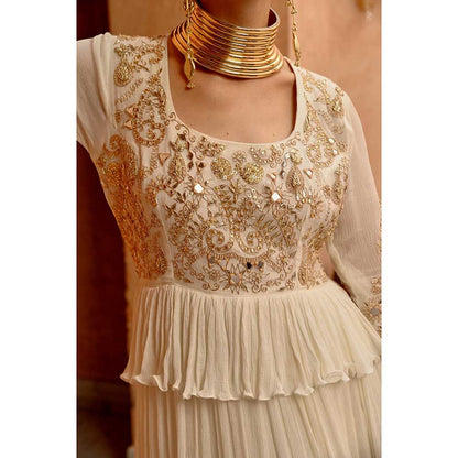 PALLAVI JAIPUR Ivory Tier Anarkali with Churidar Dupatta and Pant (Set of 3)