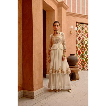 PALLAVI JAIPUR Ivory Tier Anarkali with Churidar Dupatta and Pant (Set of 3)